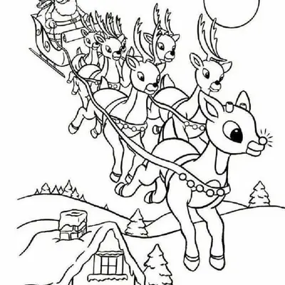 Desenho de contorno do Papai Noel no trenó sendo puxado por várias renas no céu, com uma lua grande ao fundo e casas com neve abaixo.
