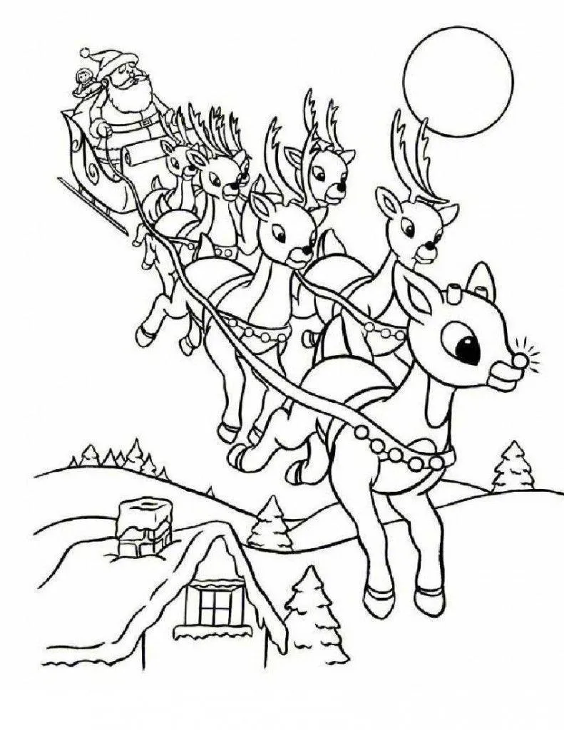 Desenho de contorno do Papai Noel no trenó sendo puxado por várias renas no céu, com uma lua grande ao fundo e casas com neve abaixo.