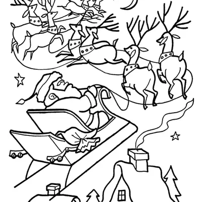 Desenho de contorno do Papai Noel sentado em seu trenó, sendo puxado por uma fila de renas voadoras sobre telhados de casas com chaminés e estrelas no céu.