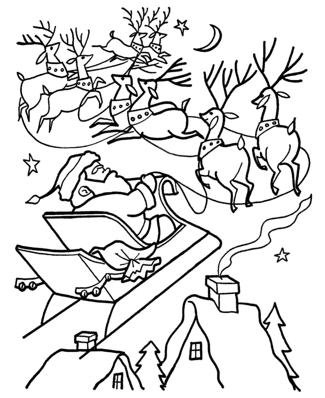 Desenho de contorno do Papai Noel sentado em seu trenó, sendo puxado por uma fila de renas voadoras sobre telhados de casas com chaminés e estrelas no céu.