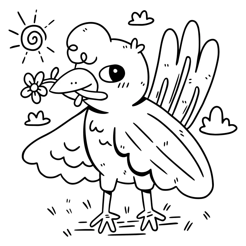 Desenho de contorno de um passarinho rechonchudo com topete, segurando uma flor no bico, sob um sol radiante e nuvens.