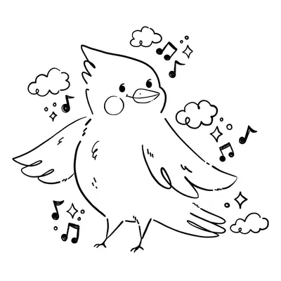 Desenho de contorno de um pássaro estilo cartoon com topete, cantando notas musicais, rodeado por pequenas nuvens e estrelas de brilho.
