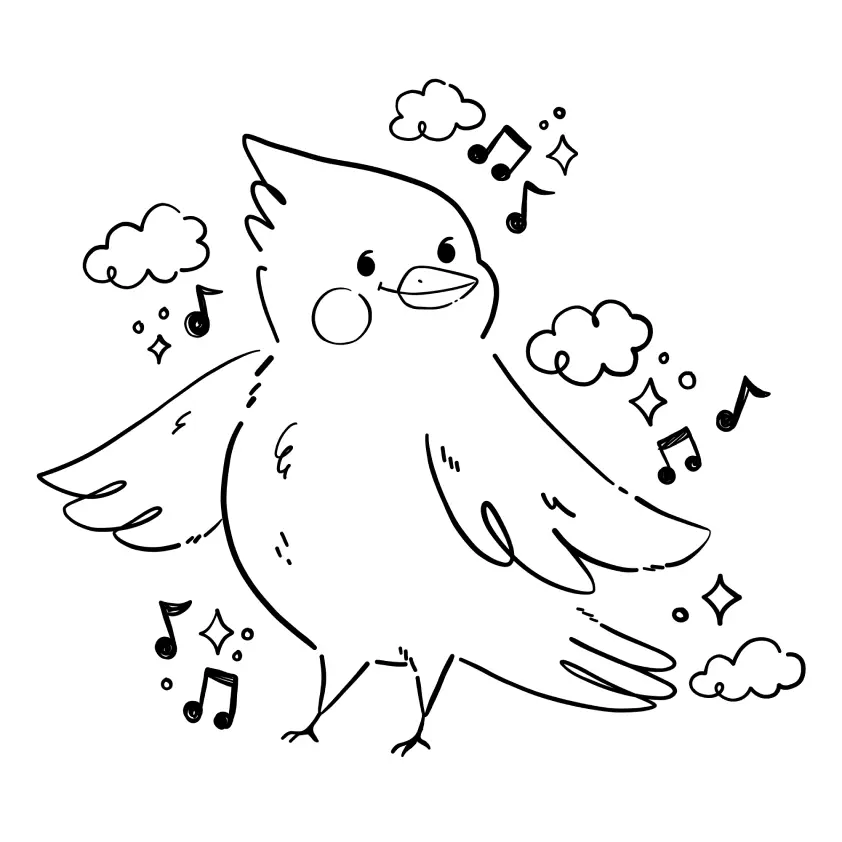 Desenho de contorno de um pássaro estilo cartoon com topete, cantando notas musicais, rodeado por pequenas nuvens e estrelas de brilho.