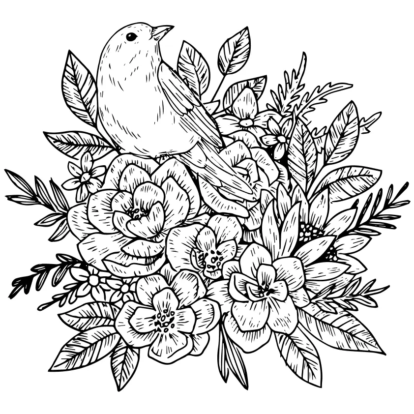 Desenho de contorno detalhado de um pássaro pequeno posado sobre um grande buquê de rosas e flores silvestres com muitas folhas.