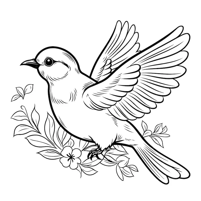 Desenho de contorno detalhado de um pássaro com asas abertas em voo, posicionado acima de um ramo de flores e folhas pequenas.
