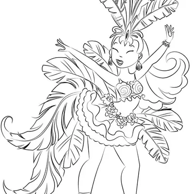 Desenho de contorno de uma mulher sambando, usando um grande adereço de cabeça com penas, biquíni decorado, saia de babados com flores e tornozeleira.