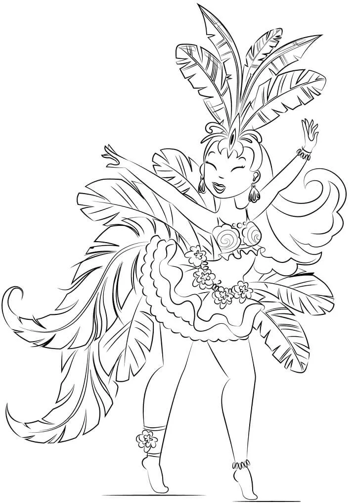 Desenho de contorno de uma mulher sambando, usando um grande adereço de cabeça com penas, biquíni decorado, saia de babados com flores e tornozeleira.