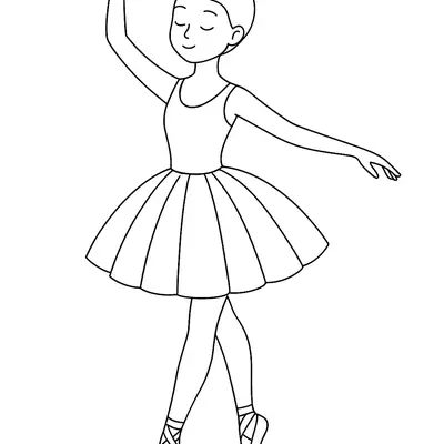 Desenho de contorno em preto e branco de uma bailarina em pé, com um braço erguido e outro estendido, vestindo tutu, sapatilhas de ponta e uma pequena coroa no cabelo.