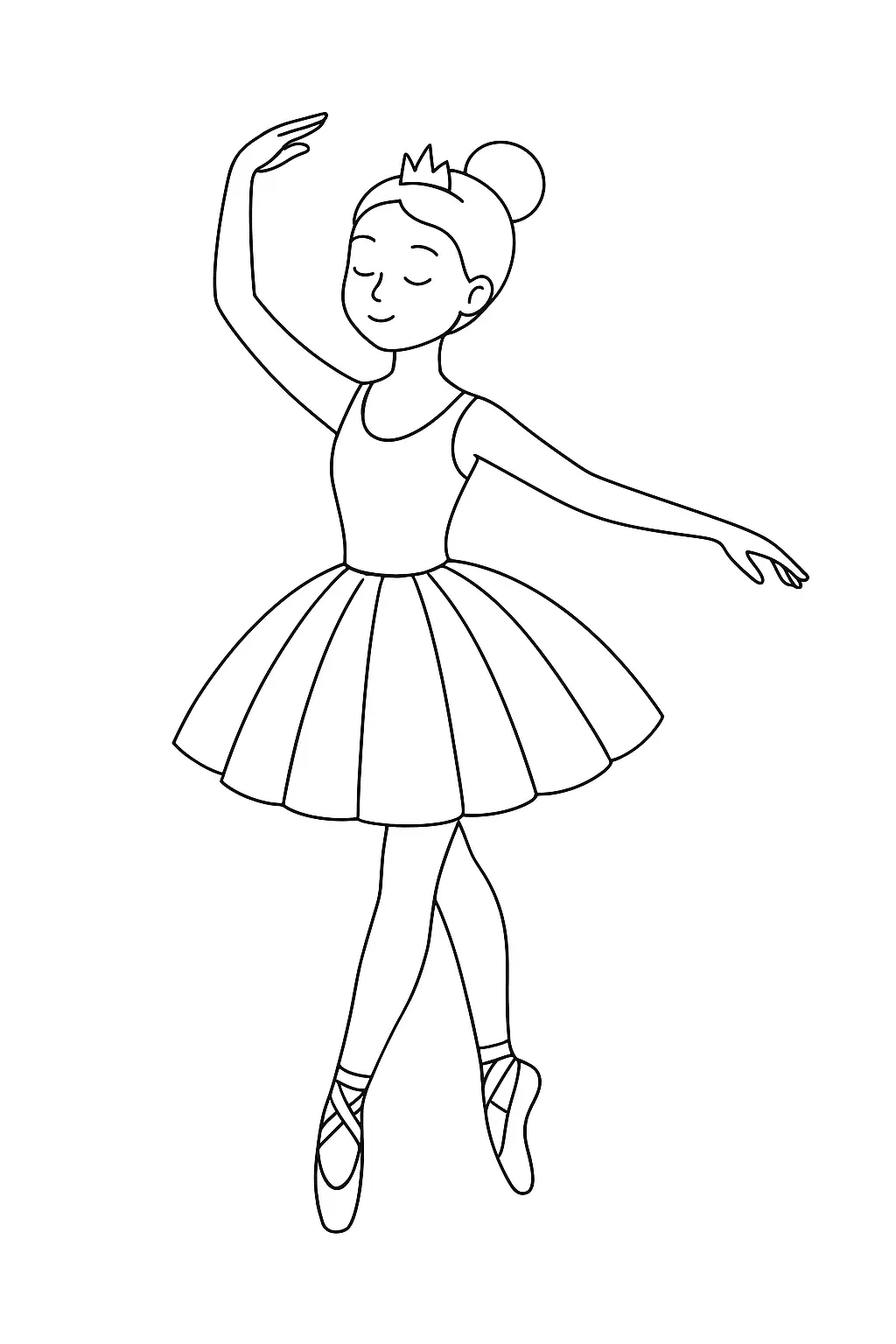Desenho de contorno em preto e branco de uma bailarina em pé, com um braço erguido e outro estendido, vestindo tutu, sapatilhas de ponta e uma pequena coroa no cabelo.
