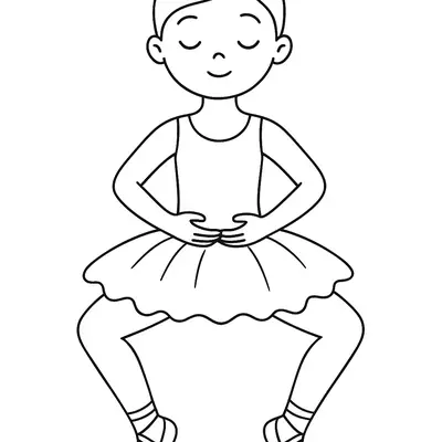 Desenho de contorno preto e branco de uma bailarina infantil de frente, com joelhos dobrados para os lados, mãos na altura da cintura e um tutu fofinho.