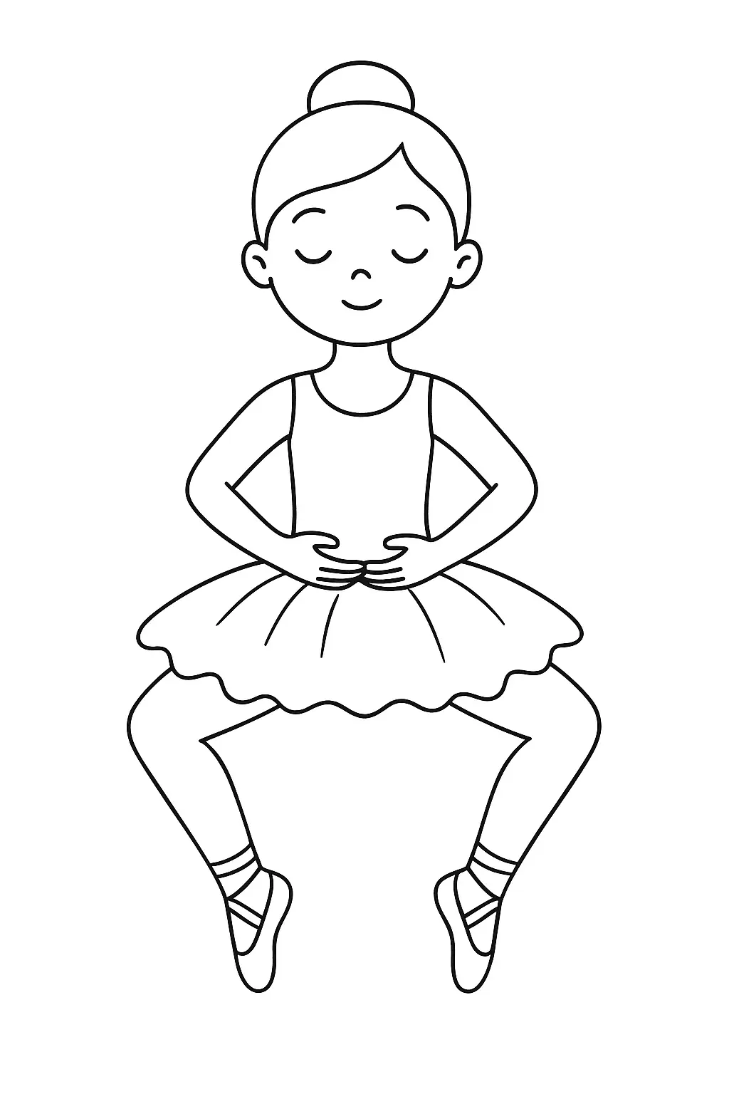 Desenho de contorno preto e branco de uma bailarina infantil de frente, com joelhos dobrados para os lados, mãos na altura da cintura e um tutu fofinho.