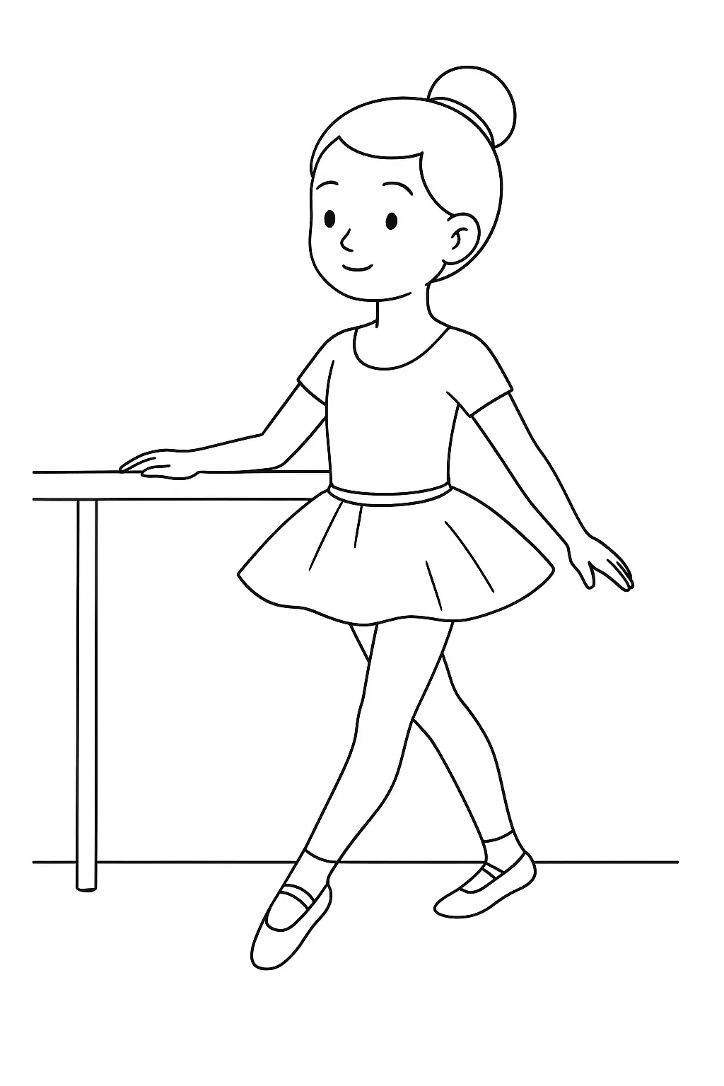 Desenho de contorno de uma bailarina mirim de frente, com a mão direita apoiada em uma barra de treino, usando sapatilhas de meia-ponta e tutu.