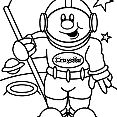 Desenho de contorno em preto e branco de um astronauta estilo cartoon sorrindo, segurando uma bandeira em solo lunar com estrelas e um planeta.