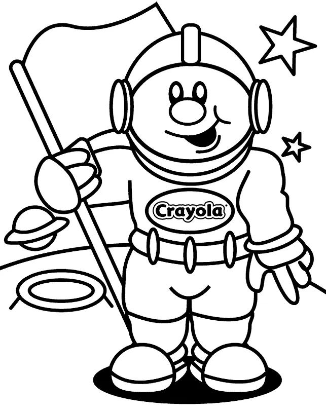 Desenho de contorno em preto e branco de um astronauta estilo cartoon sorrindo, segurando uma bandeira em solo lunar com estrelas e um planeta.