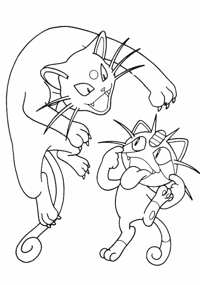 Desenho de contorno em preto e branco de um Persian arqueado sobre um Meowth que está mostrando a língua e fazendo uma careta engraçada.