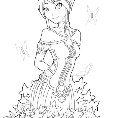 Desenho de Personagem Anime em Jardim de Flores para Colorir