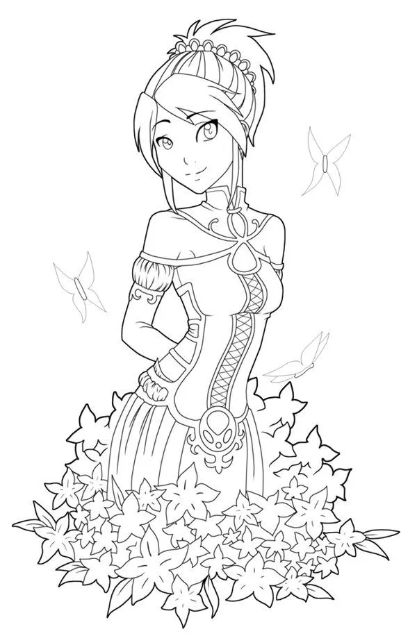 Desenho de contorno em preto e branco de uma garota anime usando um vestido detalhado, em pé em meio a flores com borboletas voando ao redor.