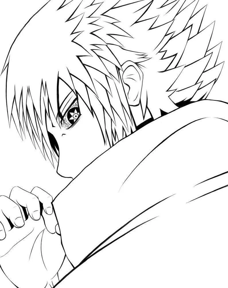 Desenho de contorno em preto e branco de um personagem de anime masculino de perfil, com cabelo espetado, segurando a gola da roupa e mostrando um olho detalhado.