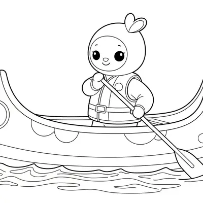 Desenho de contorno para colorir de um personagem fofo com capuz de orelhas de coração, dentro de uma canoa com olhos na proa, segurando um remo sobre a água.