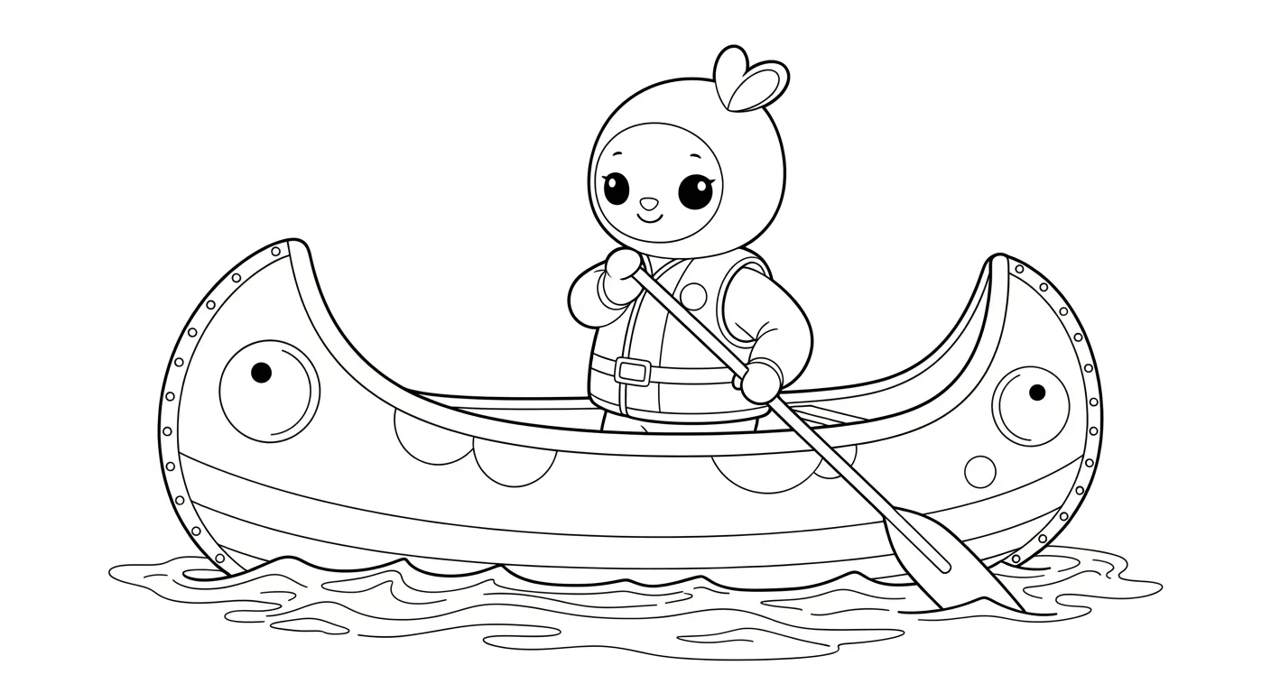 Desenho de contorno para colorir de um personagem fofo com capuz de orelhas de coração, dentro de uma canoa com olhos na proa, segurando um remo sobre a água.