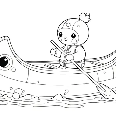 Desenho de contorno de um personagem arredondado e fofo dentro de uma canoa, segurando um remo, vestindo colete salva-vidas e navegando na água.