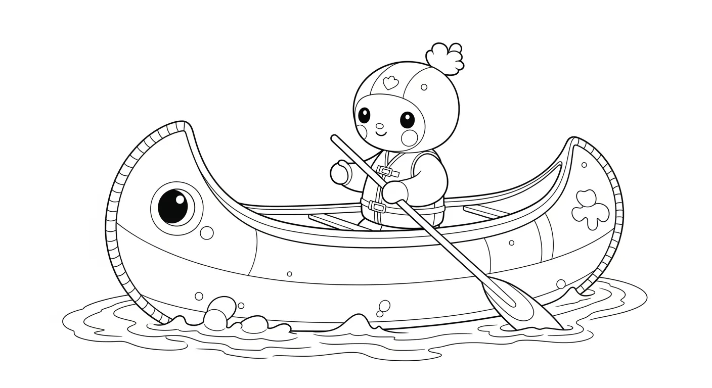 Desenho de contorno de um personagem arredondado e fofo dentro de uma canoa, segurando um remo, vestindo colete salva-vidas e navegando na água.