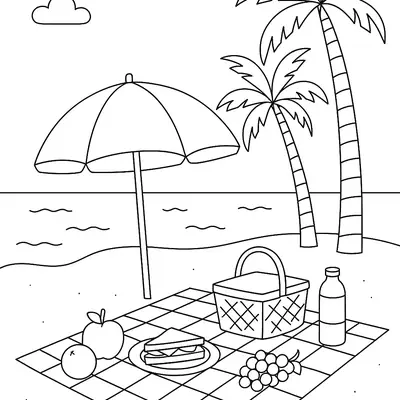 Desenho de contorno de um piquenique na areia com toalha xadrez, cesta, maçã, uvas, sanduíche, garrafa de suco, guarda-sol e coqueiros ao fundo.