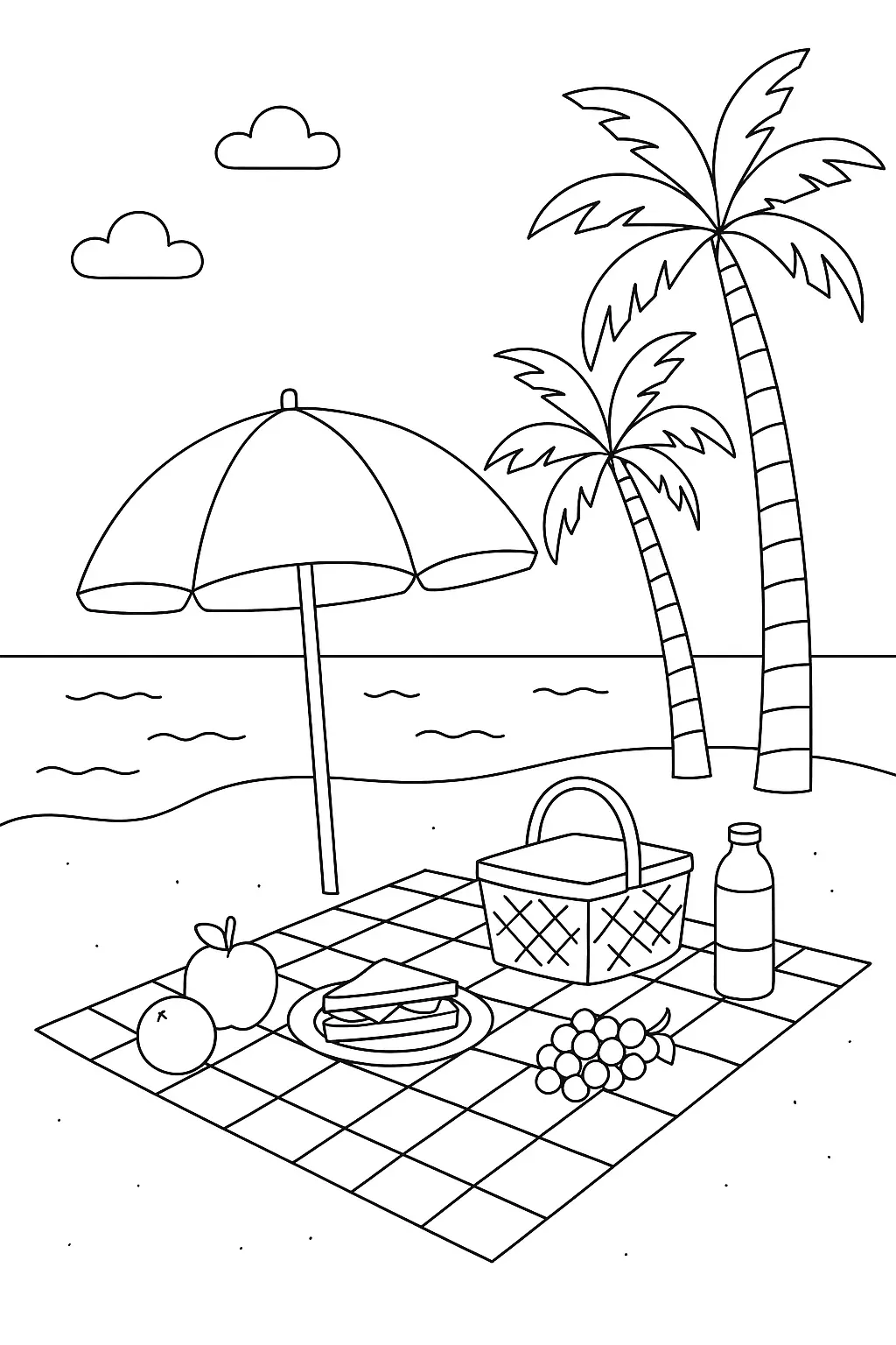 Desenho de contorno de um piquenique na areia com toalha xadrez, cesta, maçã, uvas, sanduíche, garrafa de suco, guarda-sol e coqueiros ao fundo.