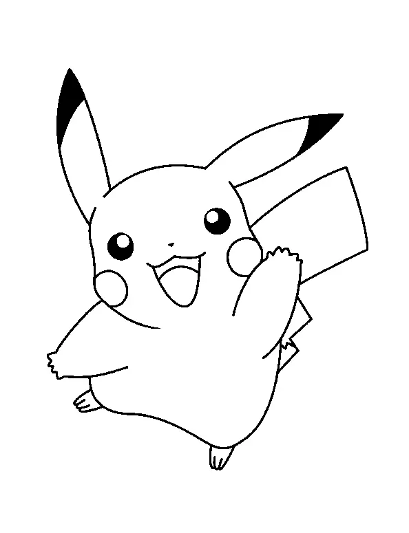 Desenho de contorno em preto e branco do Pikachu saltando alegremente, com a boca aberta e braços abertos.