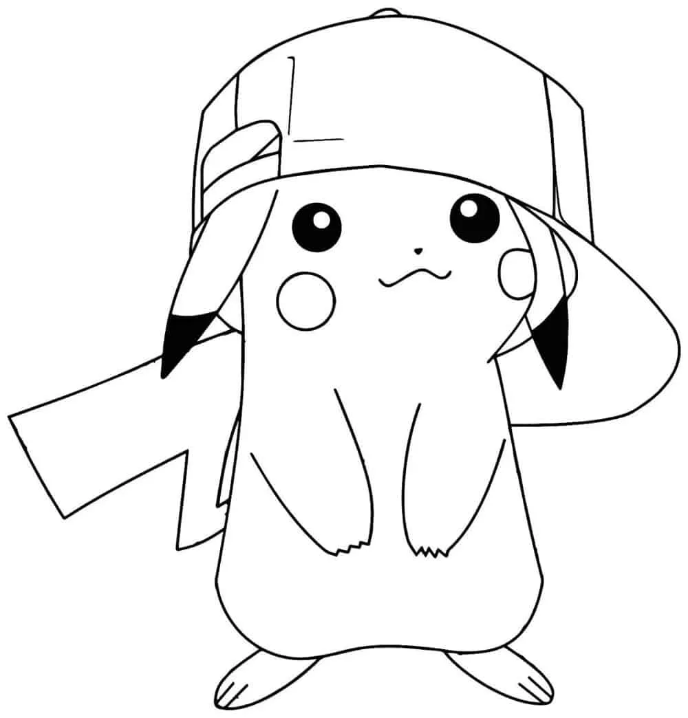 Desenho de contorno em preto e branco do Pikachu em pé, usando um boné grande que cobre parte de sua cabeça.