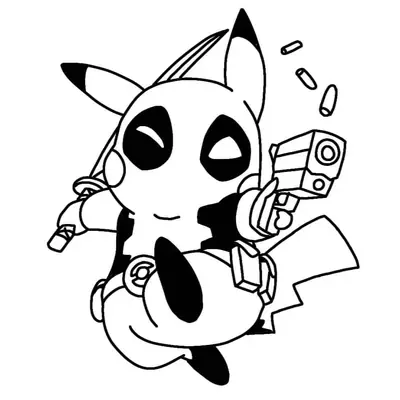 Desenho de contorno do Pikachu usando o traje do Deadpool, com máscara, uma espada nas costas e segurando um objeto de ação enquanto salta.