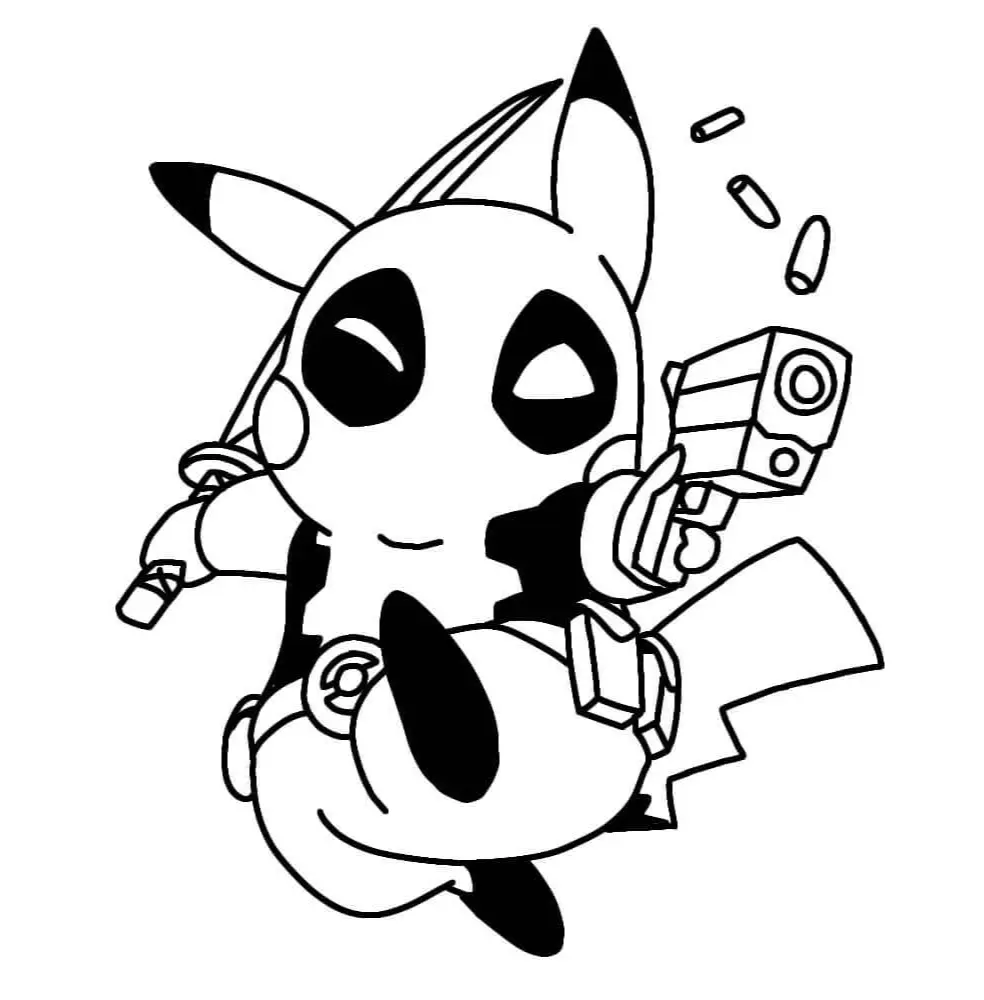 Desenho de contorno do Pikachu usando o traje do Deadpool, com máscara, uma espada nas costas e segurando um objeto de ação enquanto salta.