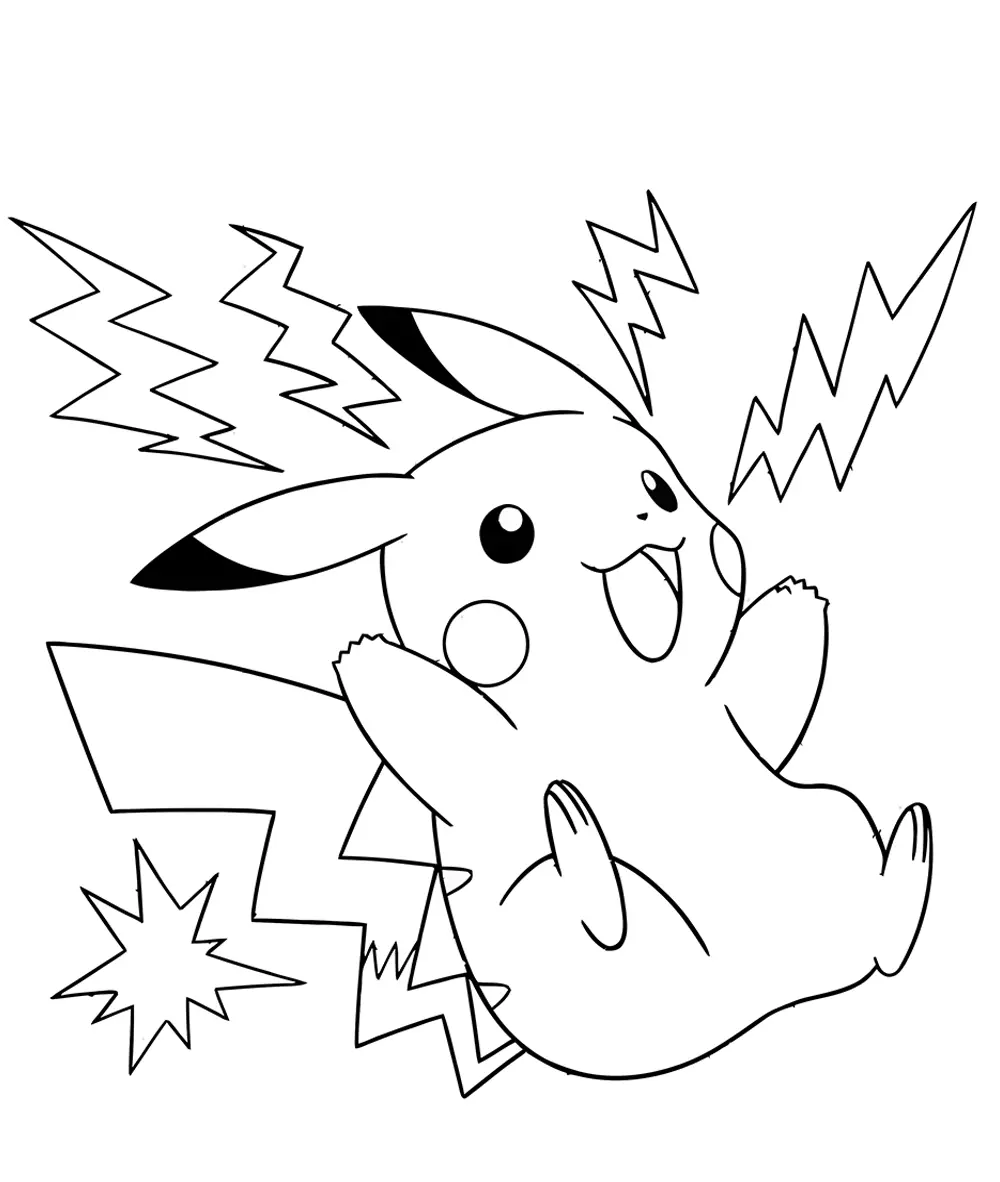 Desenho de contorno em preto e branco do Pikachu saltando alegremente com raios de eletricidade saindo de suas bochechas.