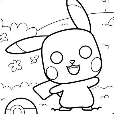 Desenho do Pikachu Chibi e Pokebola no Campo para Imprimir