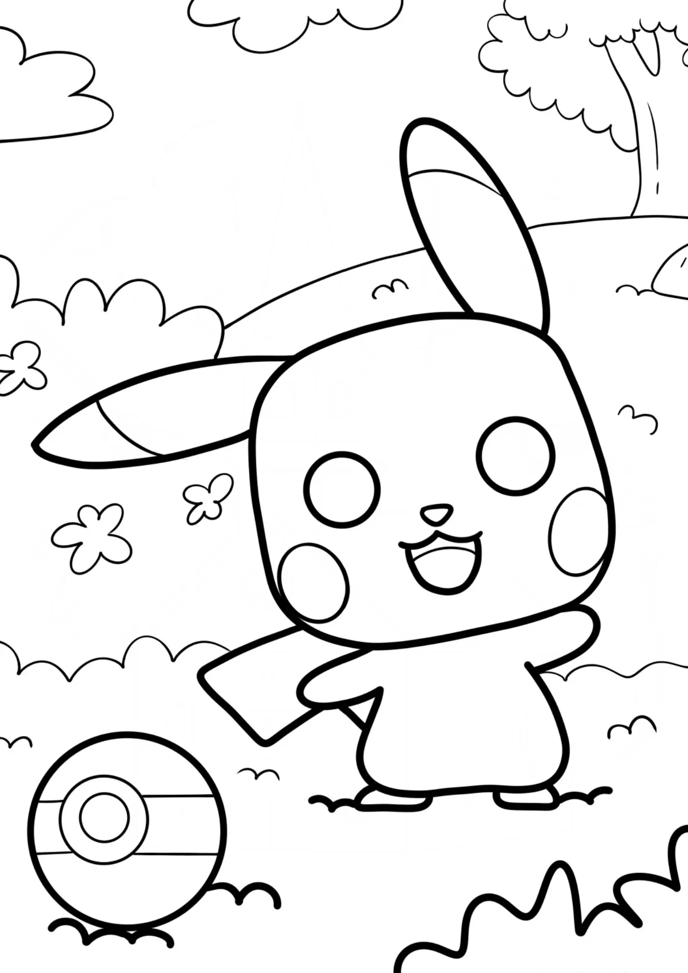 Desenho de contorno em preto e branco do Pikachu estilo chibi em um cenário de campo com grama, flores, uma Pokebola, nuvens e uma árvore ao fundo.