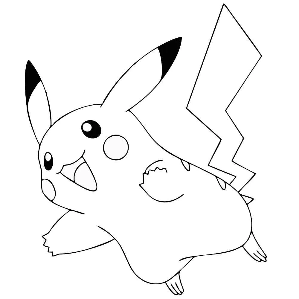 Desenho de contorno em preto e branco do Pikachu de Pokémon em pose de corrida, com foco na cauda de raio e bochechas.