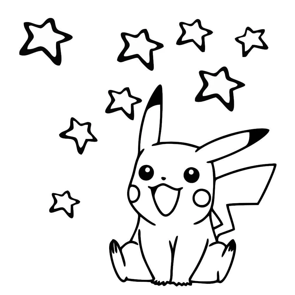 Desenho de contorno em preto e branco do Pikachu sentado alegremente, cercado por várias estrelas de diferentes tamanhos.