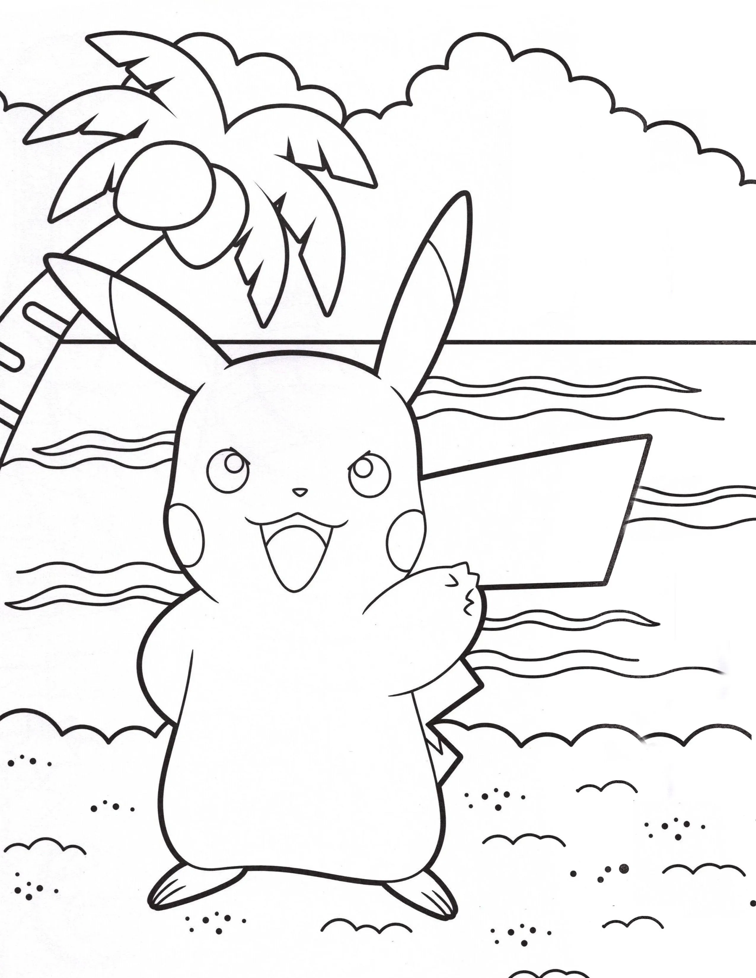 Desenho de contorno em preto e branco do Pikachu na praia, com uma palmeira ao fundo e ondas do mar.