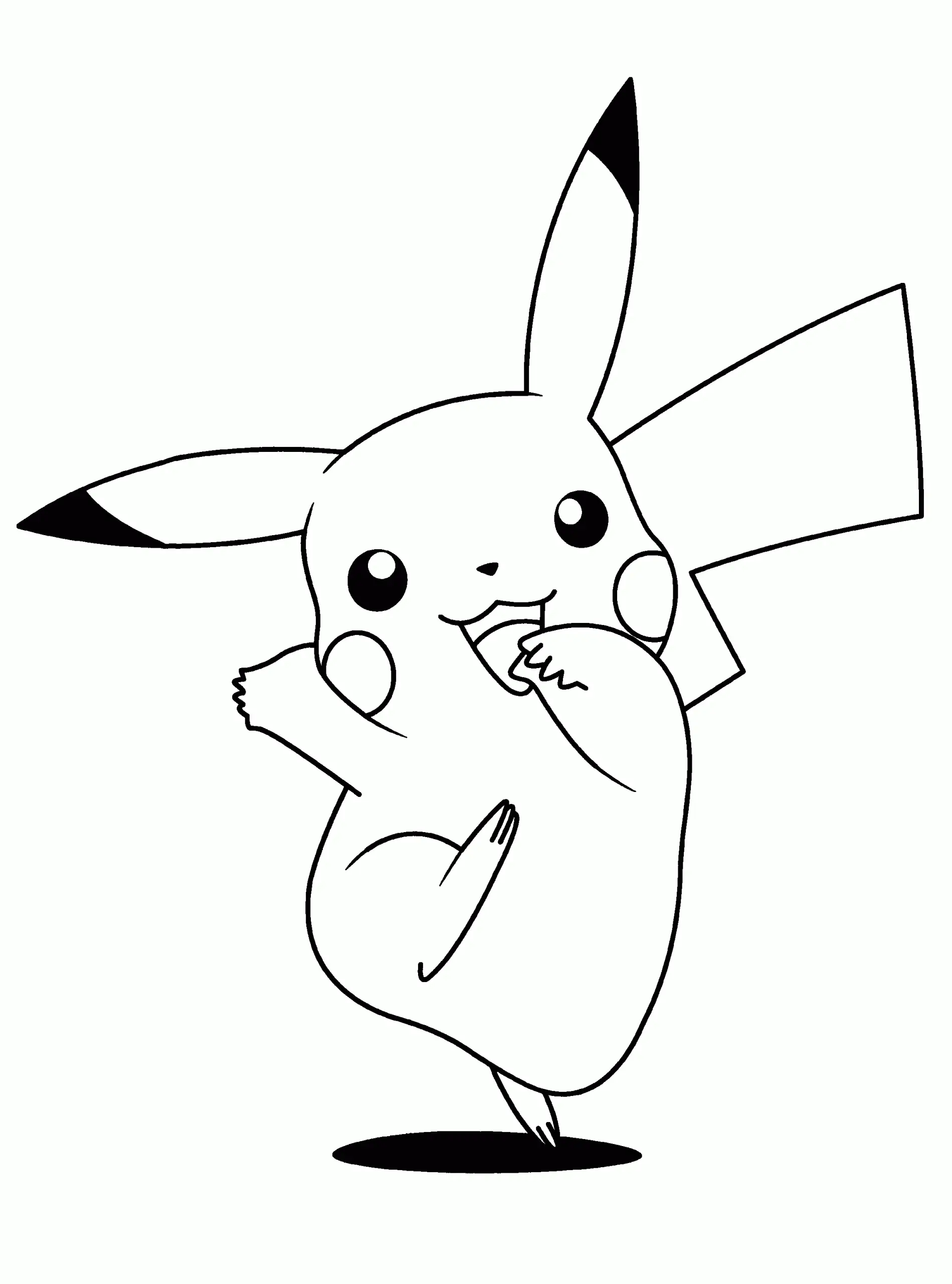 Desenho de contorno em preto e branco do Pikachu sentado de forma fofa, com a mão na boca e cauda de raio em destaque.