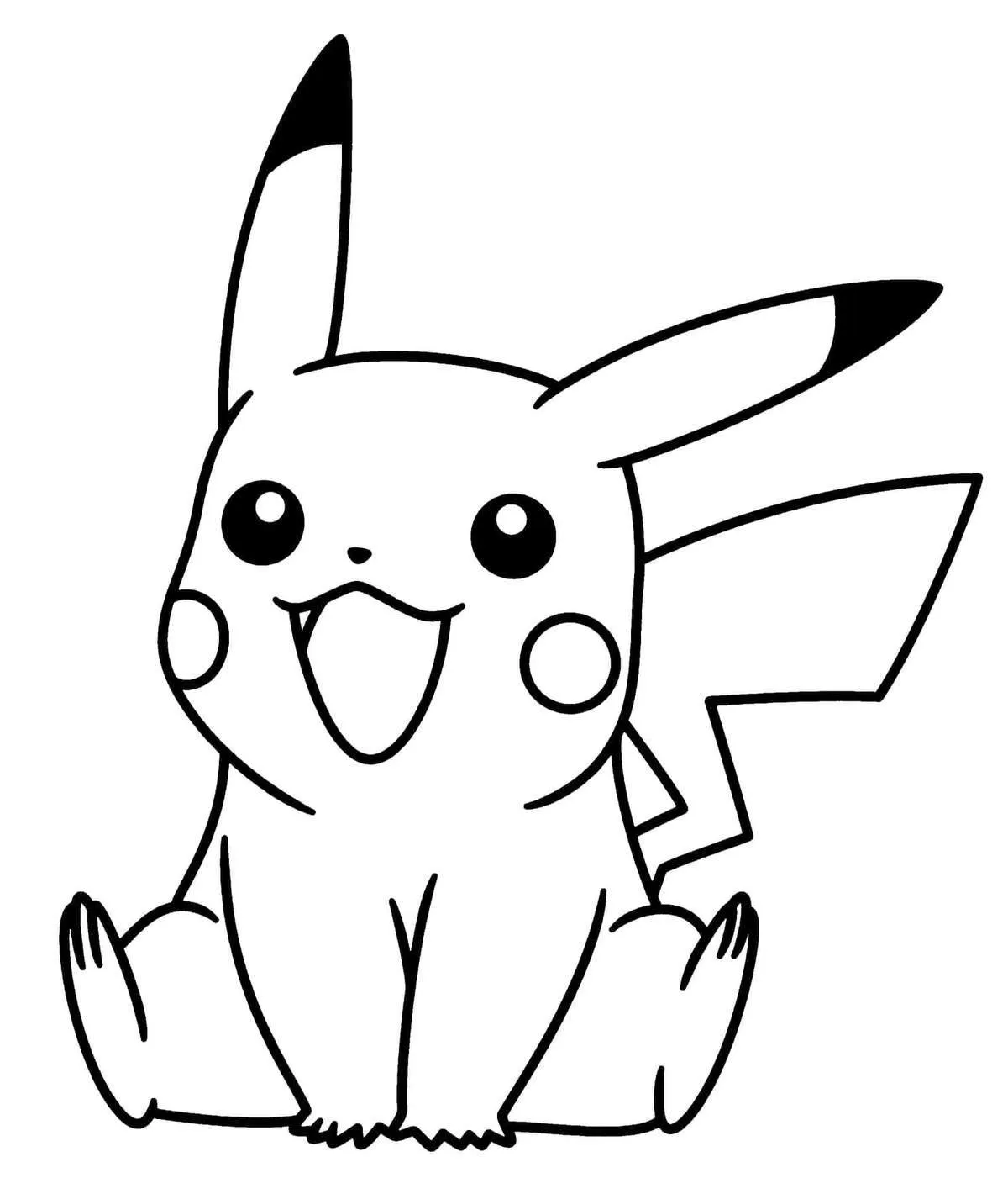 Desenho de contorno em preto e branco do Pikachu sentado, com a boca aberta em um sorriso alegre e cauda em formato de raio.