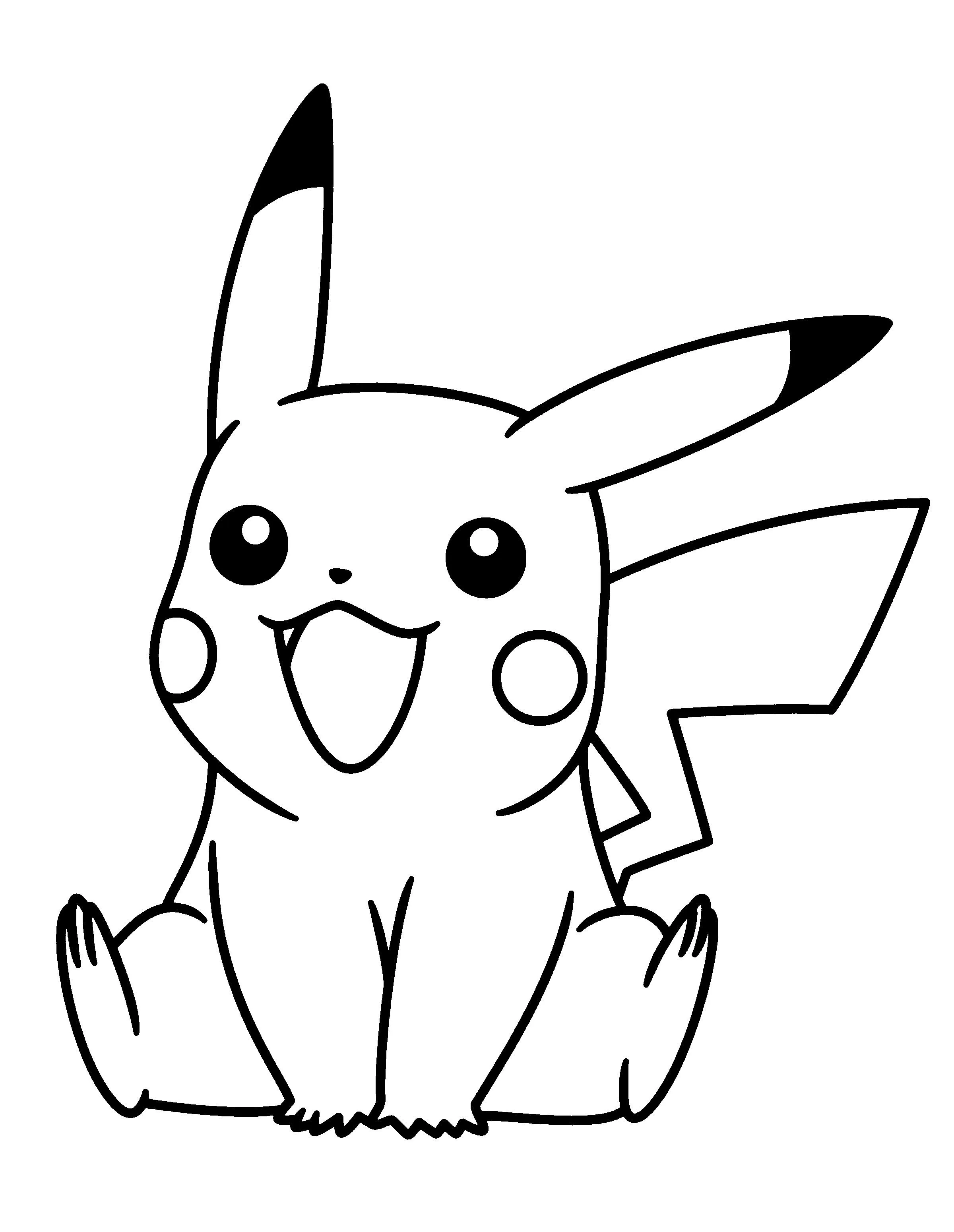 Desenho de contorno em preto e branco do Pikachu sentado de frente, com bochechas circulares, orelhas longas e cauda em formato de raio.