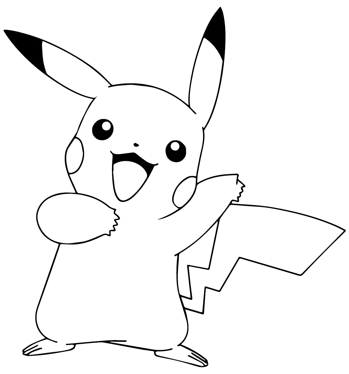 Desenho de contorno em preto e branco do Pikachu sorrindo alegremente, com braços abertos, bochechas circulares e cauda de raio.