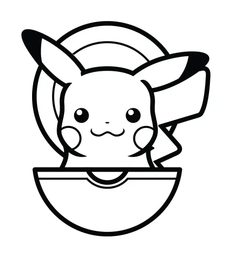 Desenho de contorno em preto e branco do Pikachu de corpo parcial saindo de uma Pokébola aberta, com foco nas orelhas e bochechas.