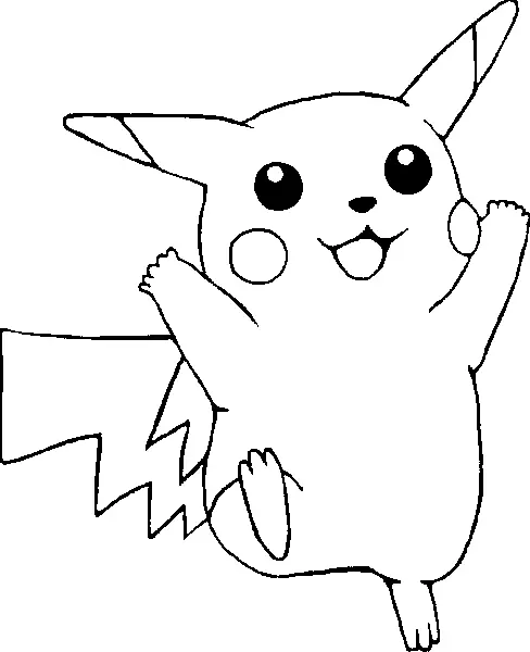 Desenho de contorno em preto e branco do Pikachu pulando com uma pata levantada, braços abertos e um grande sorriso no rosto.