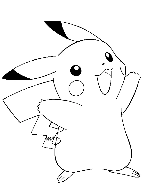 Desenho de contorno em preto e branco do Pikachu de pé, com a boca aberta em um sorriso e o braço direito levantado acenando.