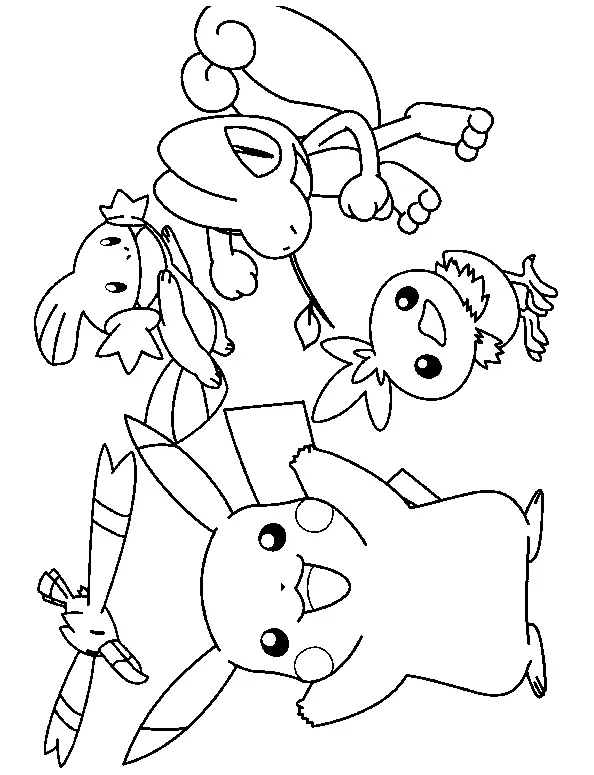 Desenho de contorno em preto e branco do Pikachu pulando de alegria cercado por Mudkip, Treecko, Torchic e um Taillow voando.