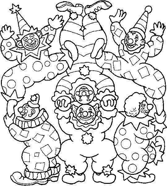 Desenho de contorno de cinco palhaços formando uma pirâmide; um palhaço de cabeça para baixo no topo, apoiado por outros com roupas estampadas.