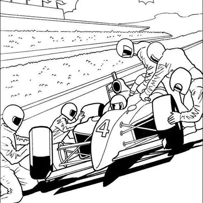 Desenho de contorno de um carro de Fórmula 1 número 4 nos boxes, cercado por mecânicos de capacete trocando os pneus e fazendo ajustes.
