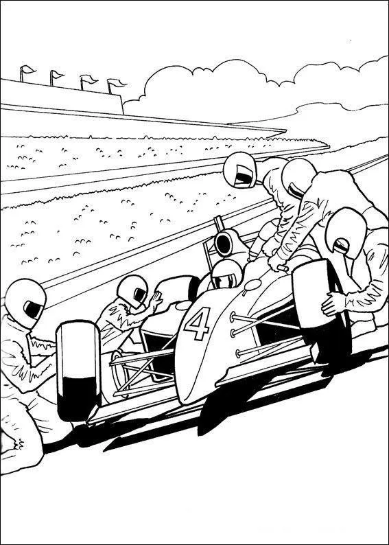 Desenho de contorno de um carro de Fórmula 1 número 4 nos boxes, cercado por mecânicos de capacete trocando os pneus e fazendo ajustes.