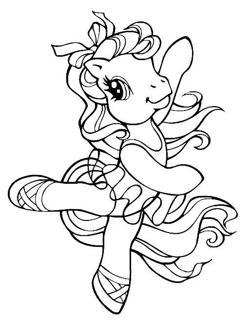 Desenho de contorno em preto e branco de um pônei em pé em uma pata só, vestindo tutu e sapatilhas de ballet, com crina longa e um laço na cabeça.